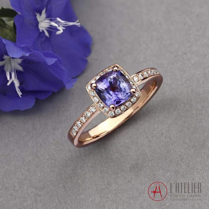 bague tanzanite, diamants sur or rose