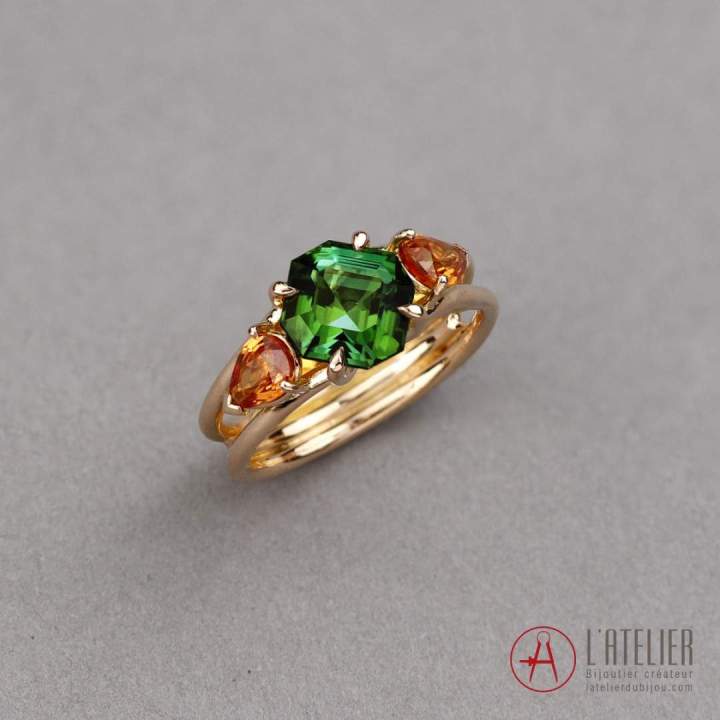 or jaune, tourmaline verte et saphirs orange